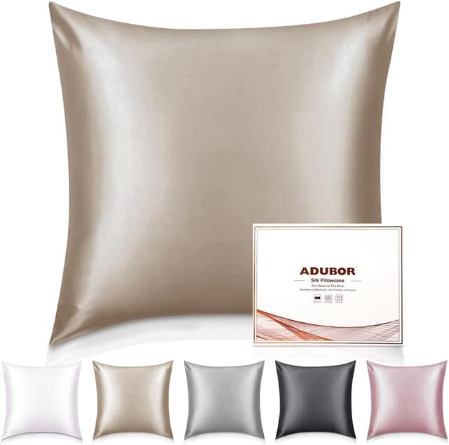 Detalle de Adubor 100% Seidenkissenbezug 80x80 cm (23 Momme, beidseitig, verdeckter Reißverschluss) – Taupe, 1 Stück