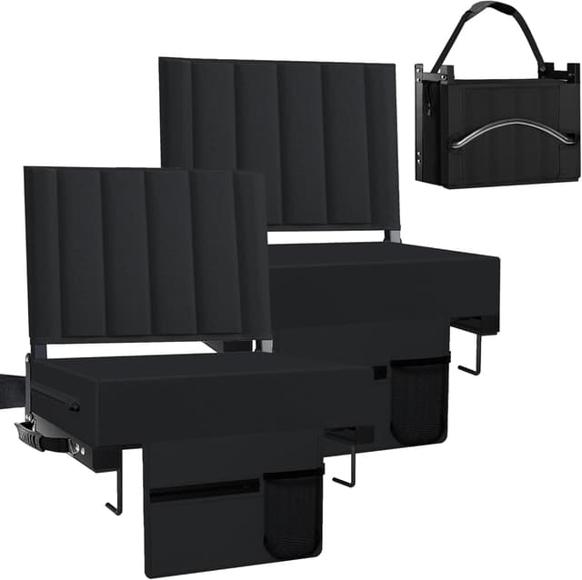 Detalle de Aliphon Stadium Seat for Bleachers (2-Pack) with Back Support, Cushion, Cup Holder & Shoulder Strap, Black