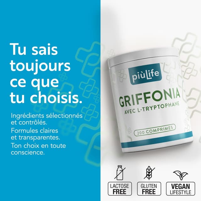 Detalle de Griffonia Simplicifolia Tryptophane PiùLife 400 mg – extrait végétal source de tryptophane