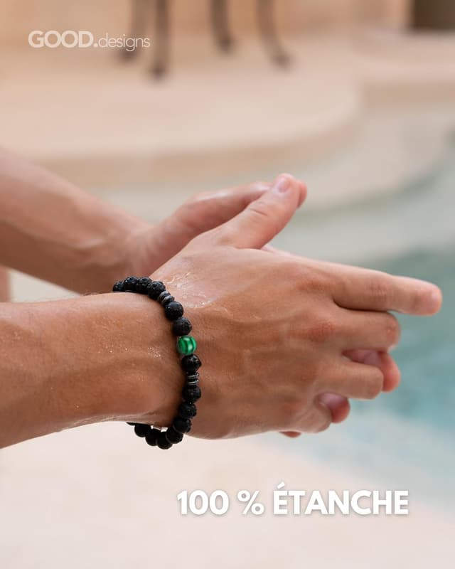 Detalle 2 de Bracelet personnalisé GD GOOD.designs EST. 2015 en pierre naturelle noire avec perle de lava et onyx + Lettre I