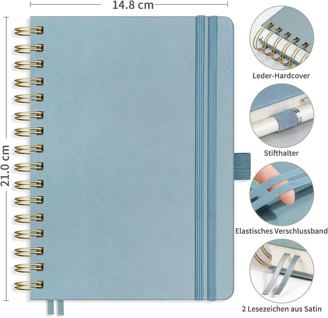 Detalle de RETTACY A5 Dotted Bullet Journal mit 100 g/m² Papier (150 Blatt) und Lederhülle, Grau-Blau