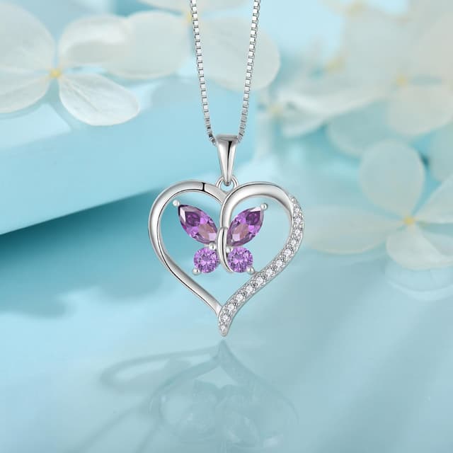 Detalle de FJ Herz-Schmetterling-Kette für Damen aus 925 Sterling Silber mit Geburtsstein & Anhänger