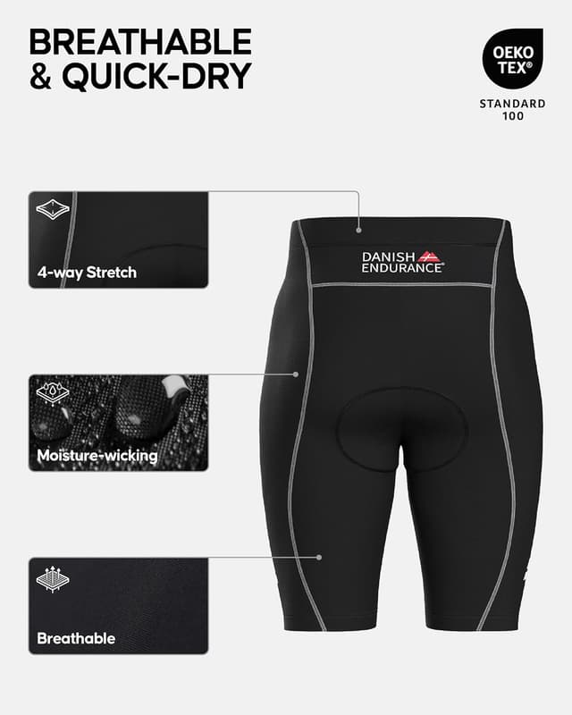 Detalle de Danish Endurance men’s cycling shorts with 3D padding and reflective details