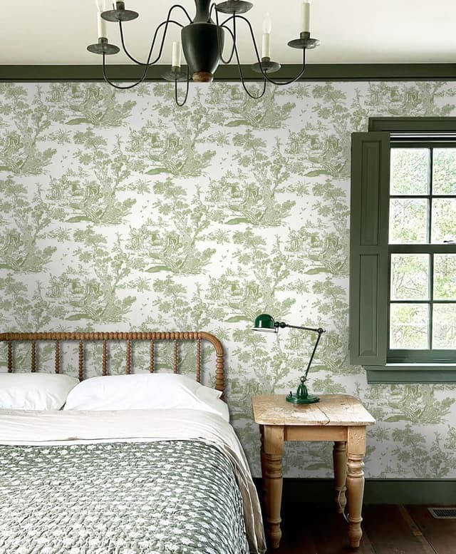 Detalle 2 de Yomshi 44 cm × 20 m selbstklebendes Vintage Vinyl-Tapetensystem in Grün (Baum & Tiere)