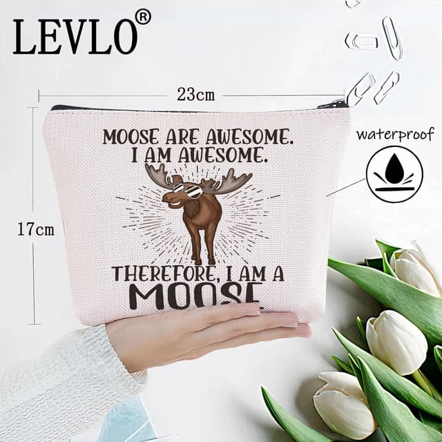 Detalle de LEVLO Moose Cosmetic Makeup Bag (Zipper Pouch) in Cotton Canvas Lona