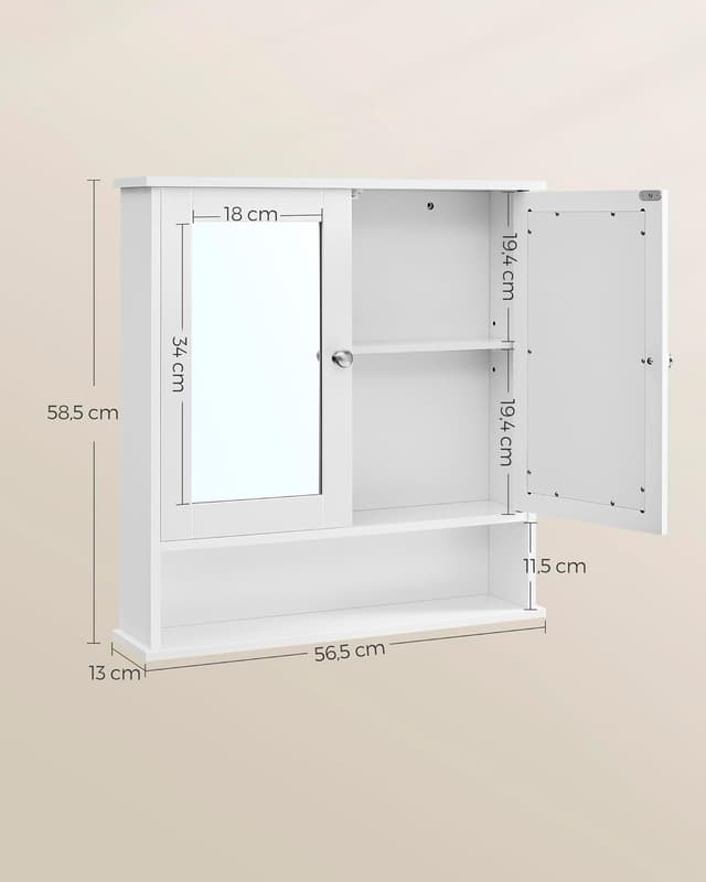 Detalle de VASAGLE Armadio da bagno con specchiera e 2 ante a specchio LHC002, ripiano regolabile e montaggio a parete
