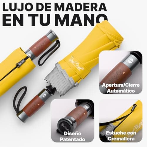 Detalle de Royal Walk paraguas de viaje plegable antiviento con doble toldo ventilado, mango de madera y apertura automática (amarillo, L)