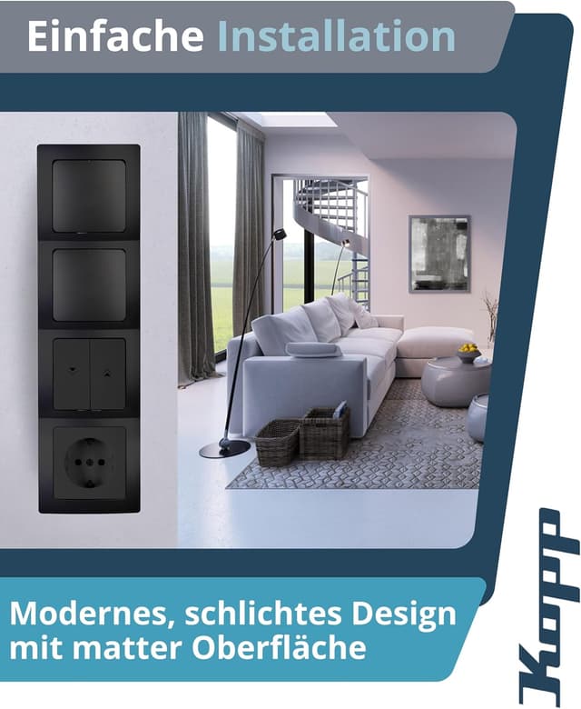 Detalle de Kopp PARIS 4-fach Abdeckrahmen in Matt-Schwarz (8,3 x 29,6 cm) für Steckdosen & Schalter