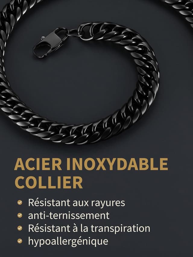 Detalle de FindChic Collier homme chaîne cubaine en acier inoxydable 316L (3/6/9/12 mm, 46 à 76 cm) style hip hop streetwear