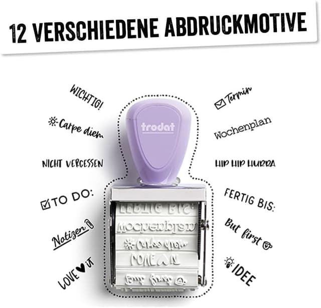 Detalle 2 de Trodat Creative : lot de mini tampons Bullet Journal violet pastel avec encreur 3 couleurs