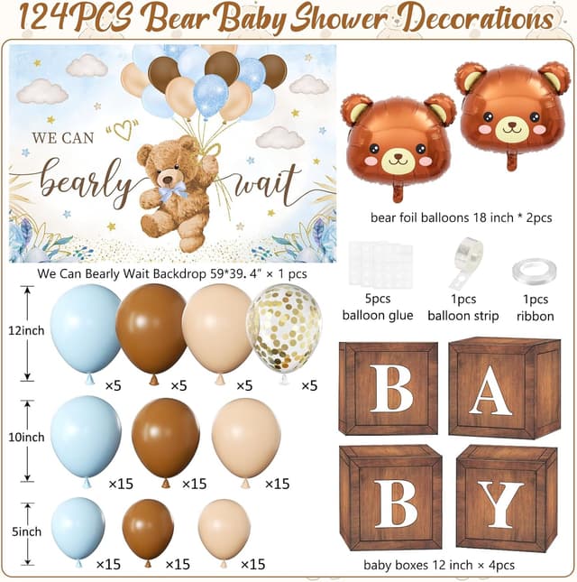 Detalle 2 de Blue Bear Baby Shower Decorations for Boy (124pcs) — “We Can Bearly Wait” Backdrop, Balloon Set & Wood Grain Baby Boxes