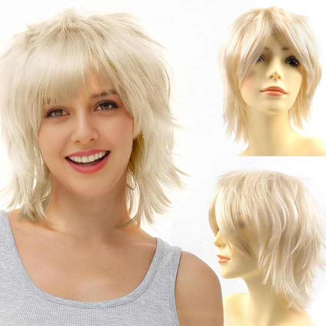 Detalle de Luxiremi Cosplay Perücke Blond, gerade, kurz und gestuft – synthetisch für Halloween & Karneval