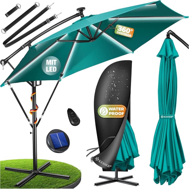 Detalle de KESSER Alu Ampelschirm LED Solar inkl. Abdeckung, Fernbedienung & Kurbelschirm – 360°-Funktion, wasserabweisend