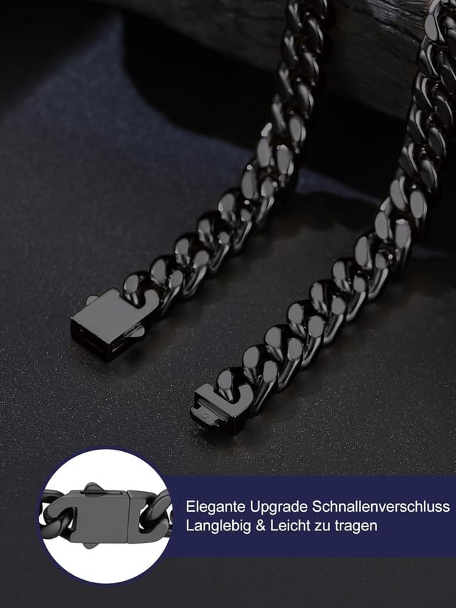 Detalle de Bandmax Panzerkette Herren aus Edelstahl (316L) 5/7/9/12 mm – kubanische Gliederkette schwarz mit auswahlbarer Länge