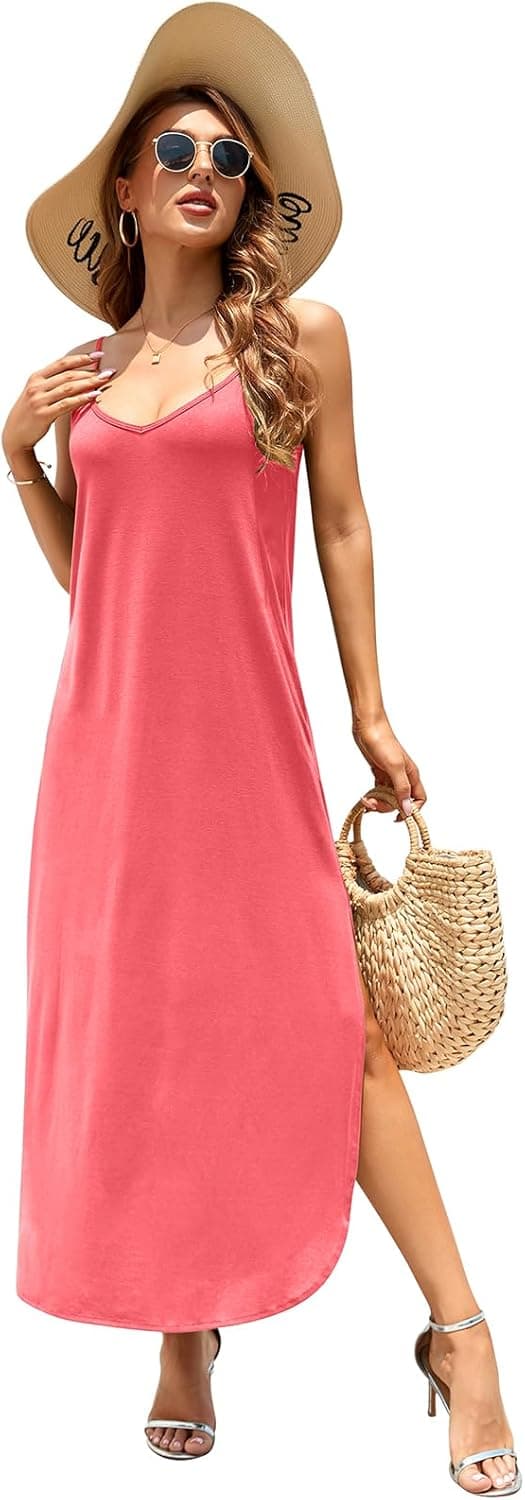 Detalle 2 de HUSKARY Women’s Summer Casual Sleeveless V-Neck Strappy Split Loose Dress (Beach Cover-Up Maxi) with Pocket