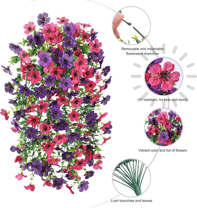 Detalle de HyeFlora 2-Pack UV-Resistant Hanging Artificial Spring Flowers (Purple & Hotpink)