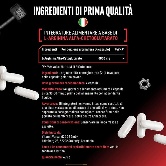 Detalle de AAKG Ultra Caps di GEN German Elite Nutrition: 365 capsule con 1.150 mg di L-arginina alfa-chetoglutarato