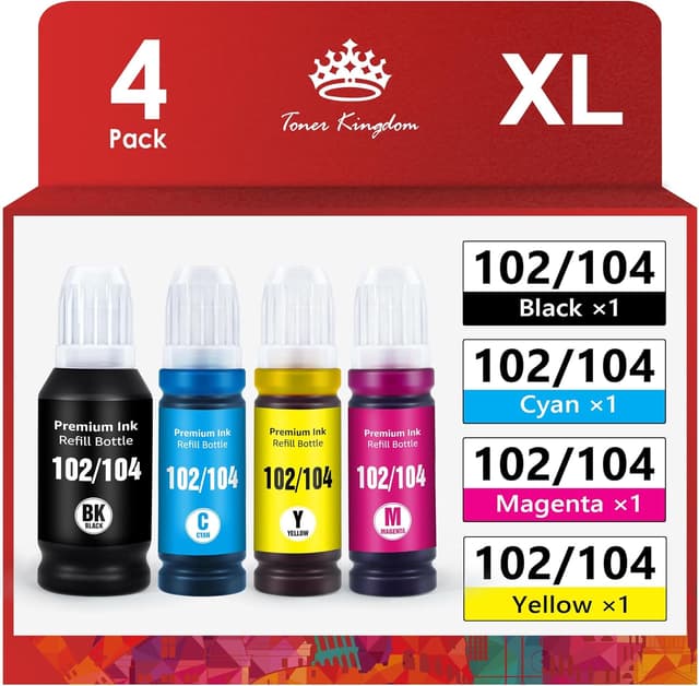 Detalle de Toner Kingdom 104/102 Tinte kompatibel als 4‑Farben-Multipack für Epson EcoTank (für ET-Modelle wie ET-2720, ET-4700 u. a.)