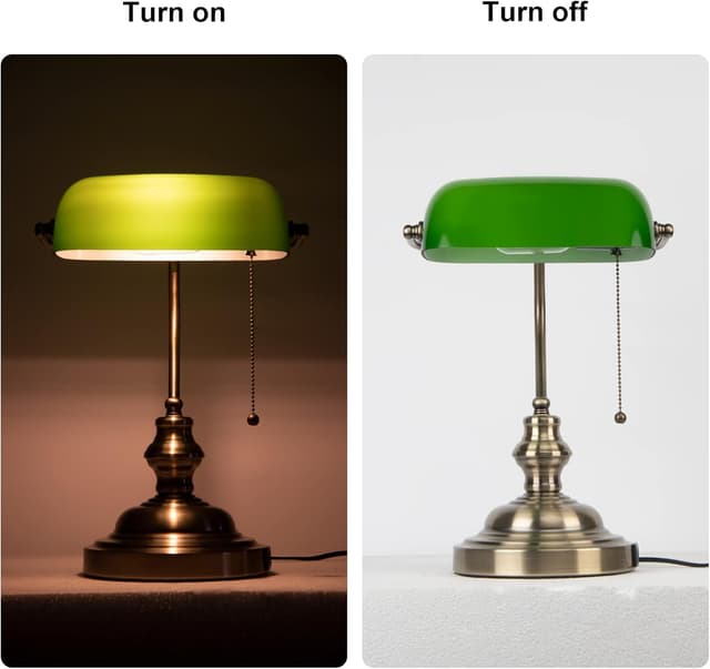 Detalle 2 de Lampe de banquier vintage JCPYIUL verte avec abat-jour pivotant, port USB et interrupteur à chaînette