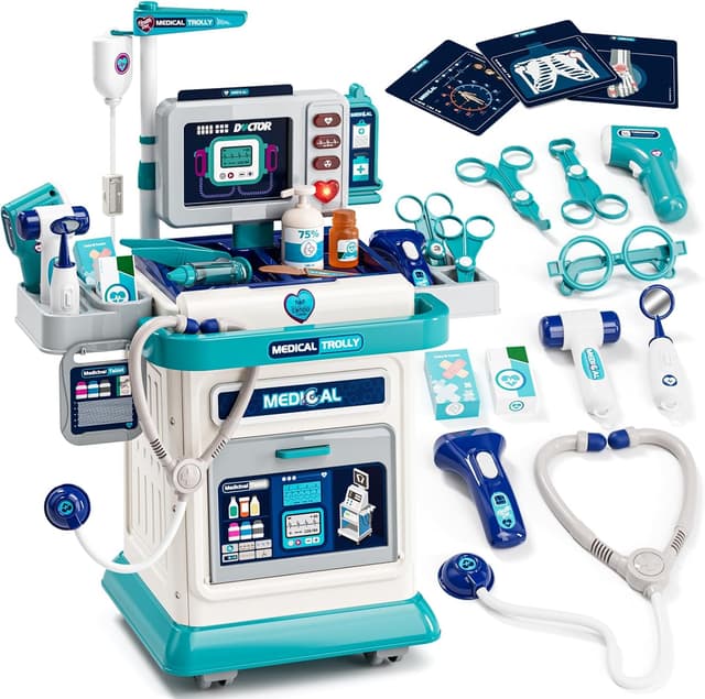 Detalle de Lehoo Castle kids doctor set with medical trolley, sound & light play panel and accessories (3+), blue