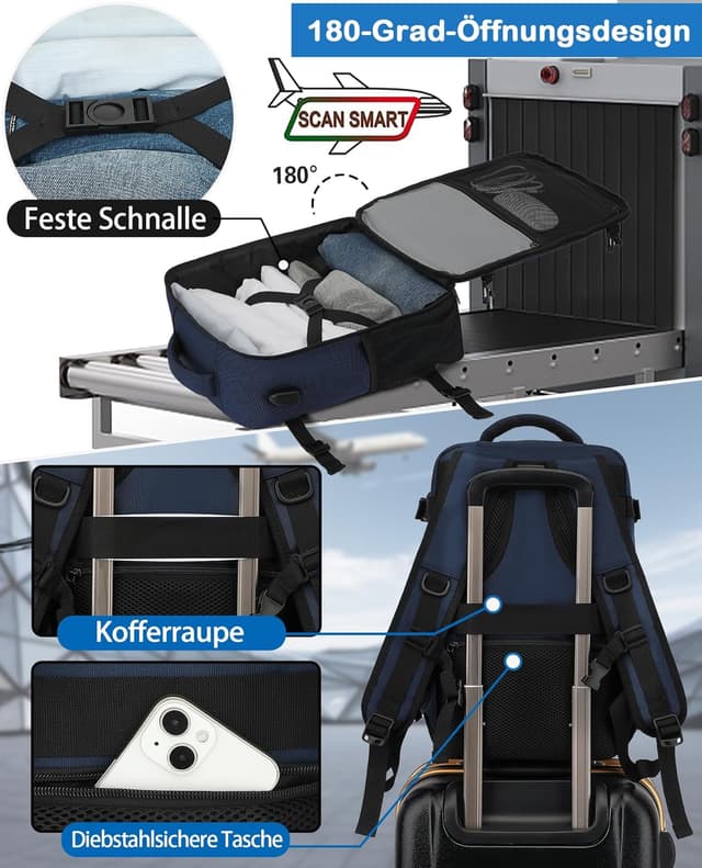 Detalle de KLOSTAIN Handgepäck-Rucksack 40x20x25 cm (Ryannair-/Eurowings-tauglich) – Tiefblau