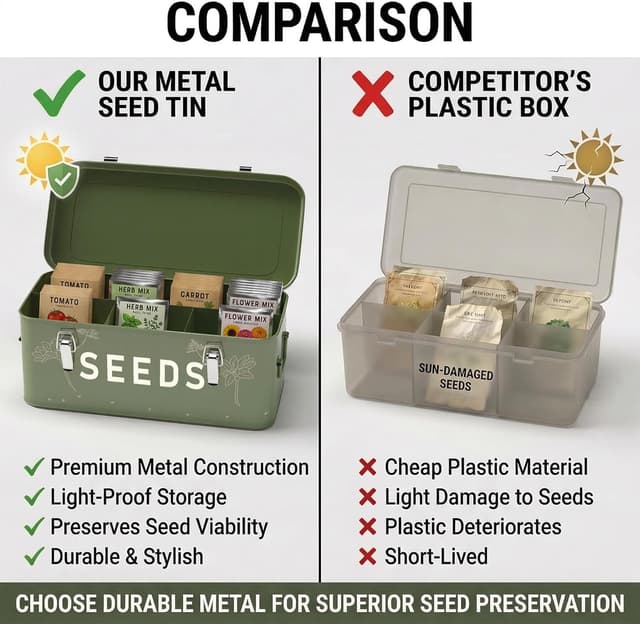 Detalle de Orionstar Seed Storage Organiser: metal seed saving box with lid, 4 compartments & storage set