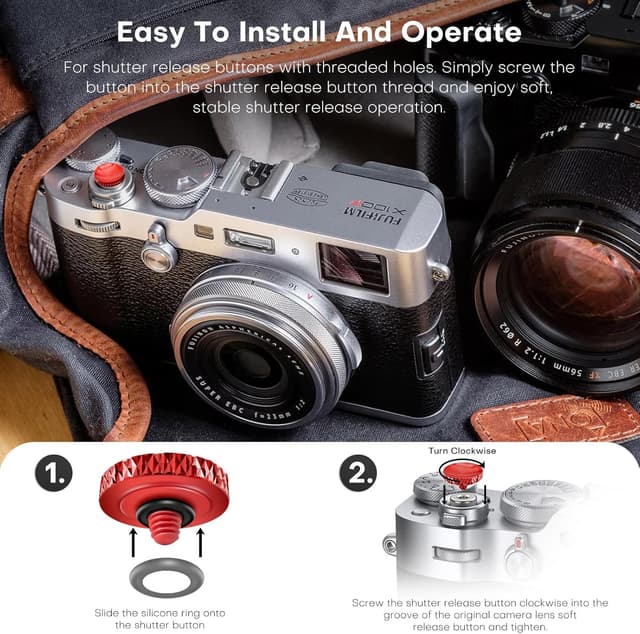 Detalle 2 de REYGEAK 4er Set Auslöser für Leica & Fujifilm – versenkter Auslöseknopf aus Aluminium (Konkav) in rot/braun/orange/schwarz