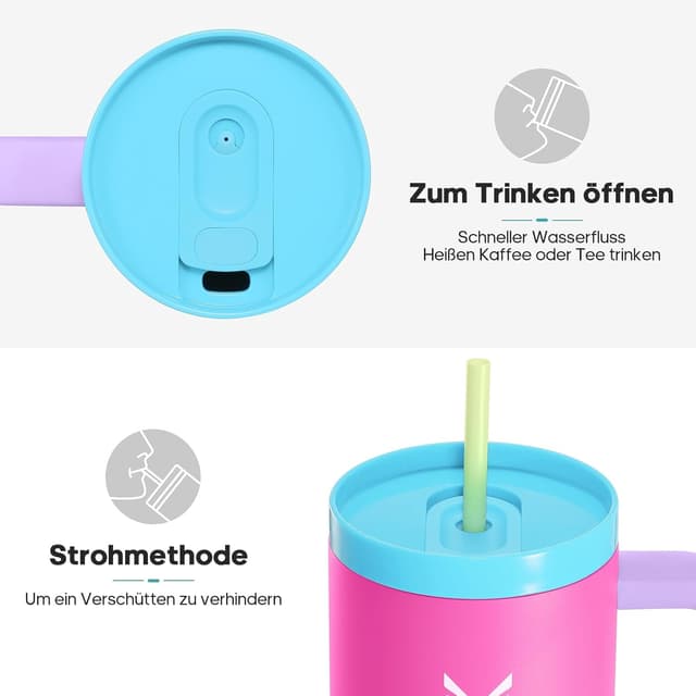 Detalle 2 de Gedux Trinkflasche mit Strohhalm 1,2 l – Thermobecher mit Griff, auslaufsicherem Deckel & Vakuumisolierung
