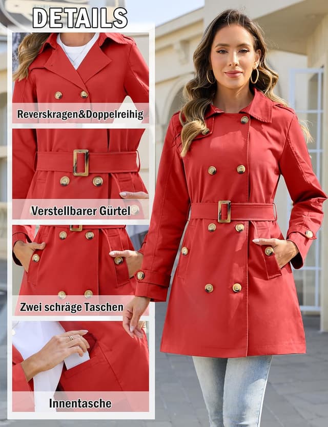 Detalle 2 de Tuopuda Damen Trenchcoat Jacke – wasserabweisender Winter-/Übergangsmantel mit abnehmbarer Kapuze