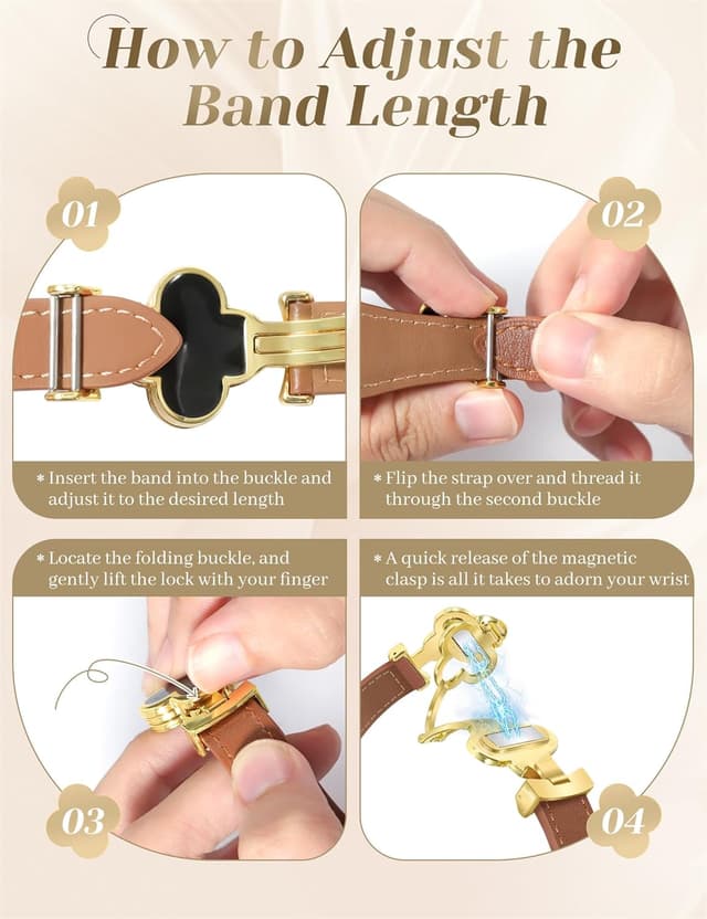 Detalle de MOINSPIRE Designer Slim Leather Magnetic Watch Bands for Women (Four-Leaf Clover)