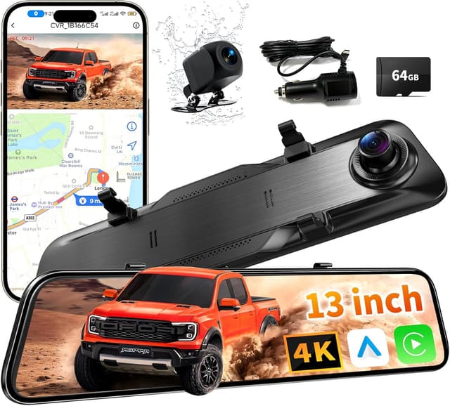 Detalle de 2026 Ultrawide 13” 4K Rear View Mirror Camera with CarPlay & Android Auto, 5.8GHz WiFi, 64GB Card Included