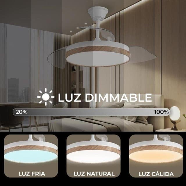 Detalle de Ventilador de techo yoevu EOS Nature LED DC con 6 velocidades y aspas retráctiles