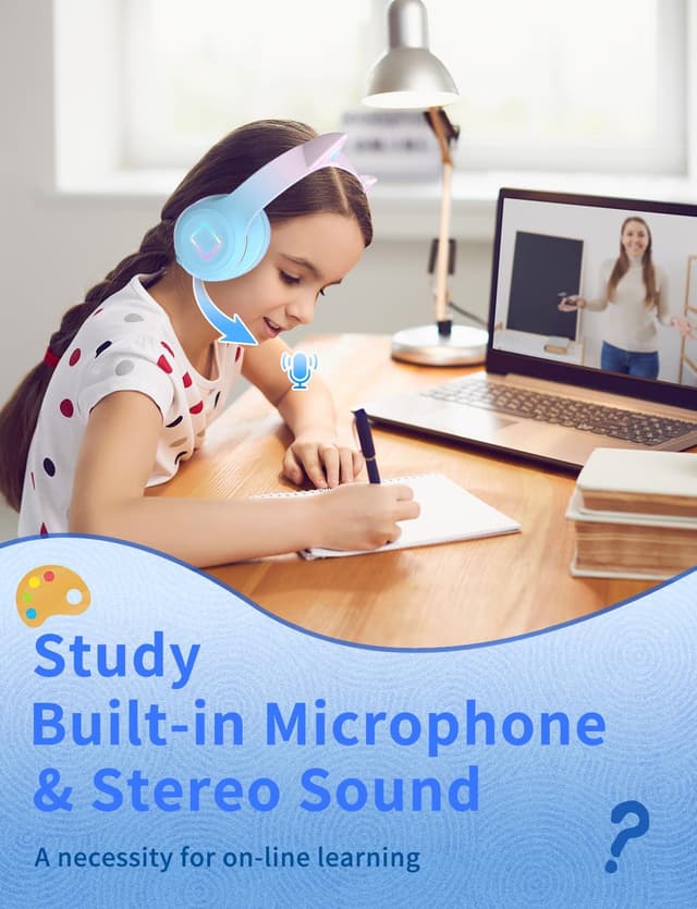 Detalle de Xunpuls Bluetooth Kids Headphones with Cat Ear LED, Foldable Wireless Over-Ear (Blue)