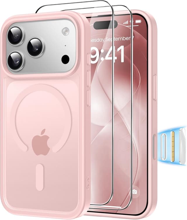 Detalle de Guisessy Coque magnétique 3 en 1 pour iPhone 17 Pro Max (compatible MagSafe) avec verre trempé et bouton caméra - Rose clair