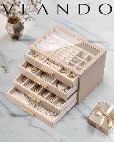 Detalle 2 de Vlando joyero grande con 4 niveles y tapa de cristal (café con leche)