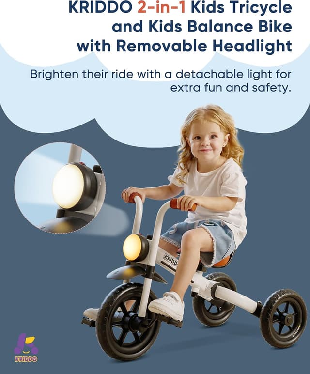 Detalle de KRIDDO 2-in-1 Kids Balance Bike and Tricycle (2 to 5 Years) with Detachable Pedals and Front Light