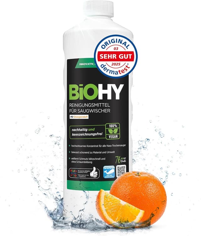 Detalle de BiOHY Reinigungsmittel für Saugwischer mit Orangenduft – 1-Liter-Flasche, 1:200 Konzentrat, schaumarm