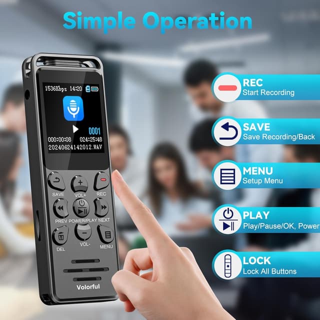 Detalle de Volorful 80-GB-Diktiergerät mit 1,44" Farbbildschirm, 70 Std. Aufnahme und USB‑C