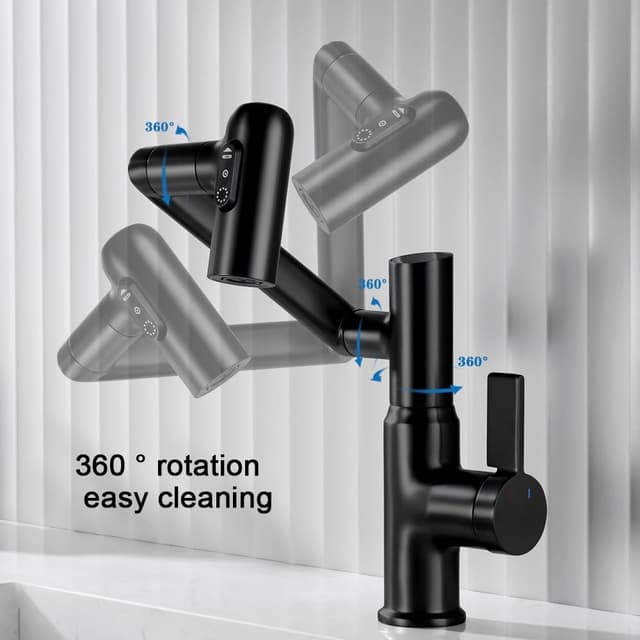 Detalle 2 de GEOATON Temperature Bathroom Taps with Temperature Display, Matte Black – Single Handle, 2 Sprays