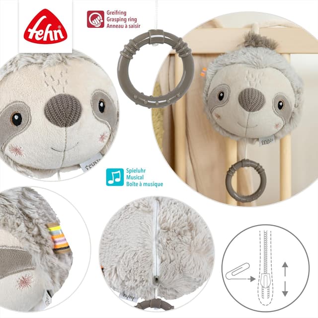 Detalle 2 de Fehn Spieluhr Faultier – Kuscheltier & Einschlafhilfe mit Aufziehmelodie „Brahms Wiegenlied“