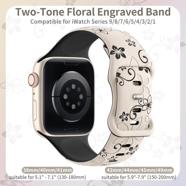 Detalle 2 de Floral Engraved Silicone Strap for Apple Watch (38–49mm) – Two-tone flower sport band