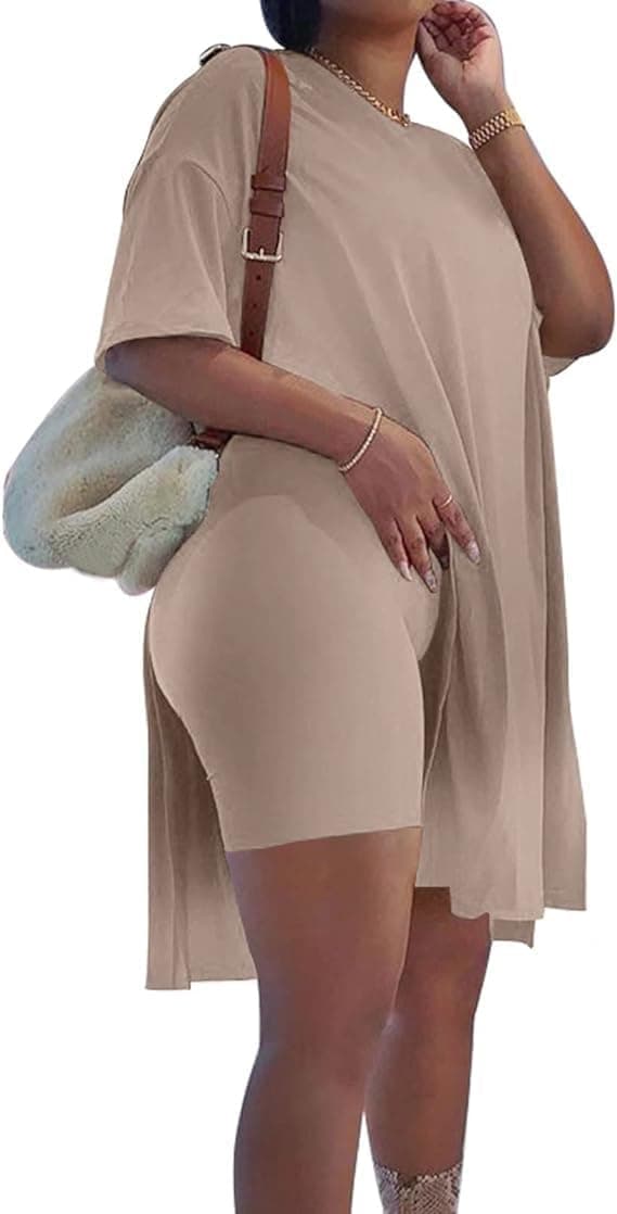 Detalle de AXOSY Women Plus Size 2-Piece Tunic Top and Skinny Biker Shorts Set for Summer