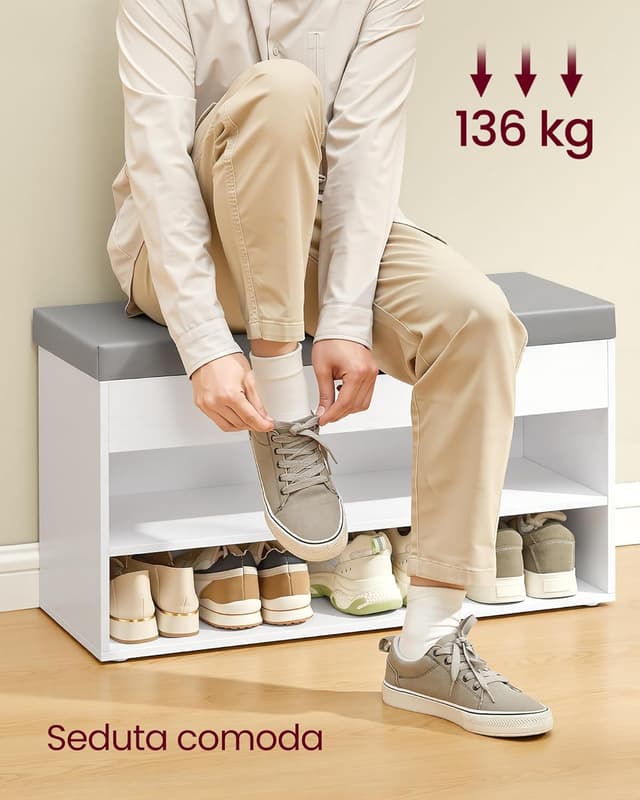 Detalle 2 de VASAGLE LHS022WB01 panca scarpiera con sedile imbottito e 3 scomparti, 30 x 80 x 44 cm (bianco nuvola e grigio tortora)