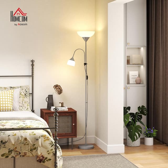 Detalle 2 de HOMCOM Lampadaire sur pied argent et blanc avec 2 têtes E27/E14