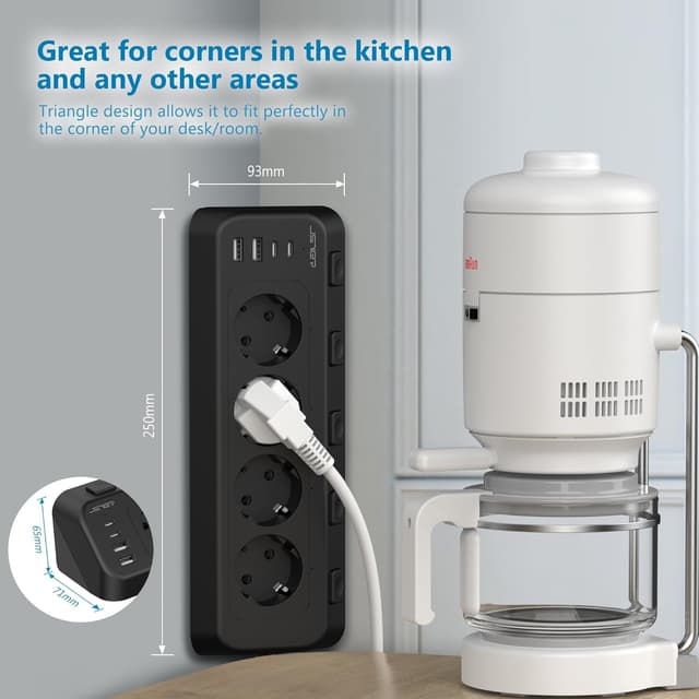 Detalle 2 de JSVER Desktop-Steckdosenleiste mit USB‑C-Ecksteckdose, 4-fach (2× Type‑C, 2× USB‑A) und Einzelschaltern