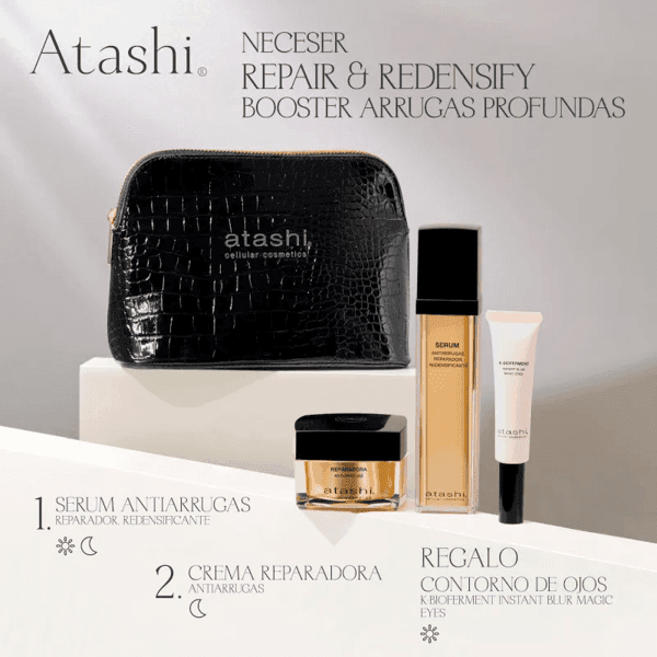 Detalle 2 de Atashi Neceser Repair & Redensify: ritual antiedad con sérum, crema reparadora y contorno de ojos
