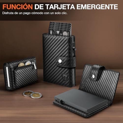Detalle de TENBST Cartera a Cuadros para Hombre con tarjetero emergente, RFID y monedero con cremallera
