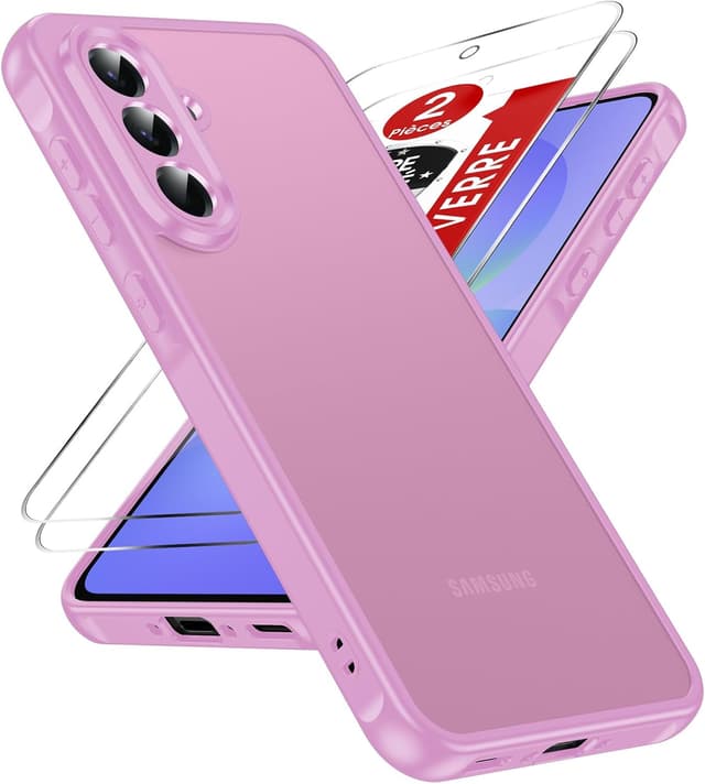 Detalle de Coque LeYi pour Samsung Galaxy A56/A56 5G avec 2 verres trempés et protection caméra/écran (rose carmin)