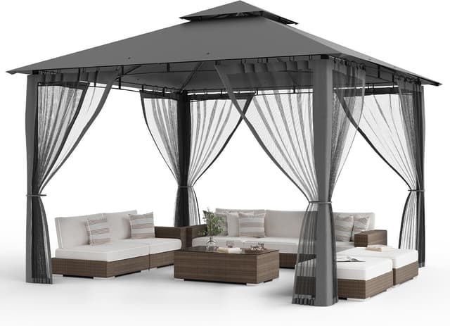 Detalle de Amopatio Gartenpavillon 3,4x3,4 m mit Doppeldach, wasserdichtem Aufbau und Moskitonetz (Grau)