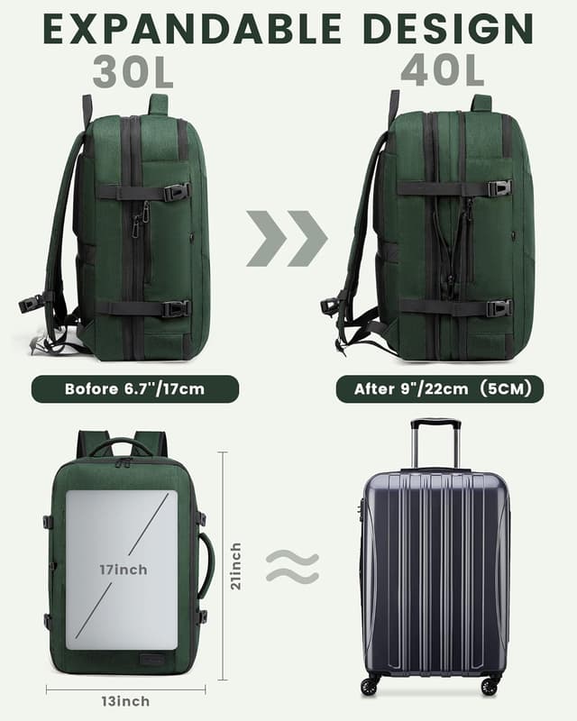 Detalle de LOVEVOOK Reiserucksack Handgepäck fürs Flugzeug – erweiterbar, Laptopfach bis 17,3 Zoll, dunkelgrün